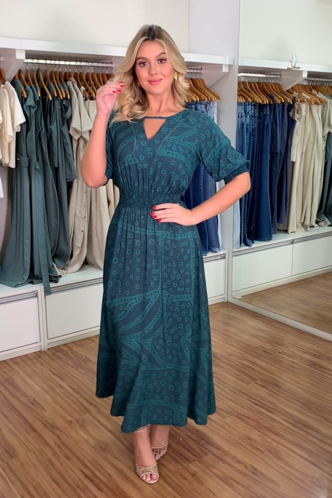 1540 | Vestido Midi Eliana - Verde Petróleo Étnico ✨