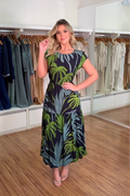 1675 | Vestido Midi Juliana - Tropical Folhagens Fundo Escuro ✨